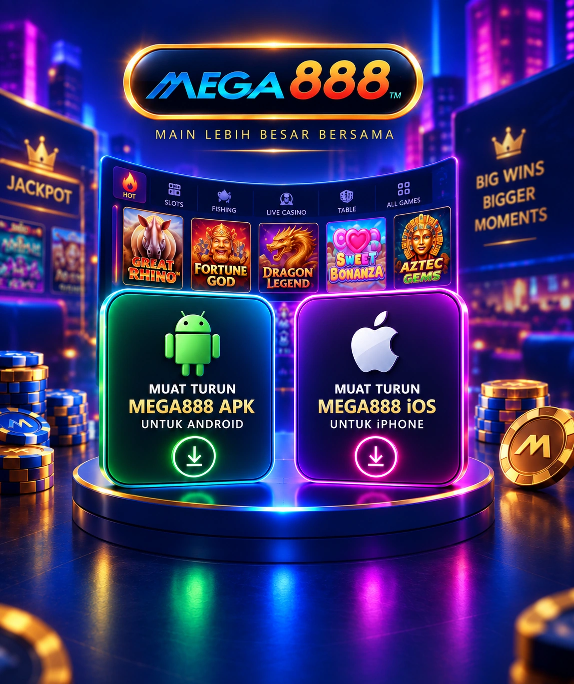 Lobi Mega888 selepas berjaya pasang dan login